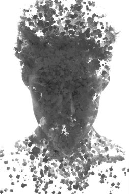 A full front portrait of a man merged with a random 3D cubes pattern in a double exposure clipart