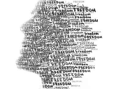 Bir erkek profili silueti, boyama sanatındaki harflerle birleştirilmiş.