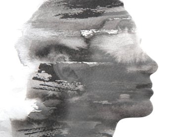 Genç bir kadının siyah beyaz portresi sulu mürekkep dokusuyla resmedilmiş.