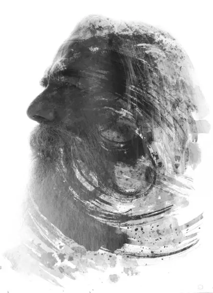 Černobílý Portrét Starého Vousatého Muže Vousy Knírem Spojeného Tahem Štětcem Stock Fotografie