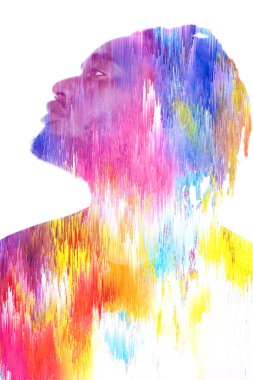 A profile portrait of an african american man looking up combined with a 3D glitch texture in a double exposure clipart