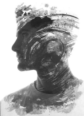 Paintografide boya darbesi sanatı ile birleştirilmiş bir adamın siyah beyaz portresi.