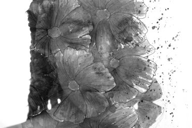 Gözleri kapalı bir genç kadının siyah beyaz portresi bir resimde çiçekli bir resimle birleştirilmiş ve arka planda kayboluyor.