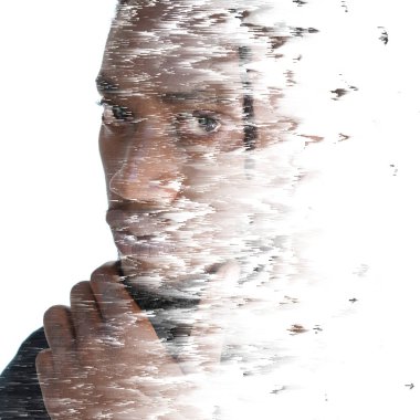 Afrika kökenli Amerikalı bir adamın yakın plan portresi, elini çenesine dayayıp, arka planda kaybolan bir kusurlu dokuyla birleşmiş..