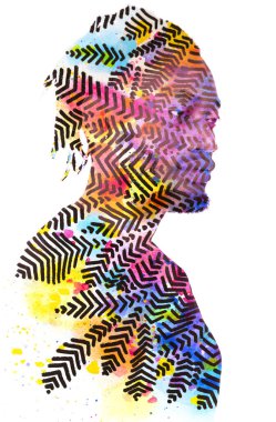 Afro-Amerikan bir adamın portresi soyut renkli bir arka planla birleşti ve bir ressamın grafiksel deseniyle birleşti.