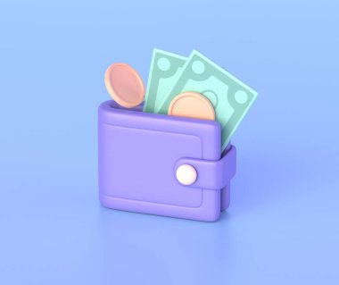 Wallet with money banknotes and golden coins on blue background. Business, finance, banking, payment concept.