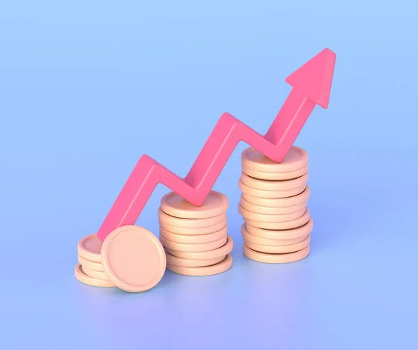 Red Arrow Graph Golden Coins Blue Background Business Finance Banking — Zdjęcie stockowe