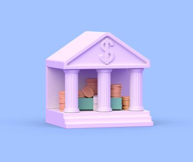 Realistic 3d icon of bank building with money and golden coins inside isolated on white background. Business, finance, banking, deposit and credit concept.
