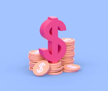 Realistic 3d icon of dollar currency symbol and golden coins isolated on white background. Business, finance, succes and wealth concept.