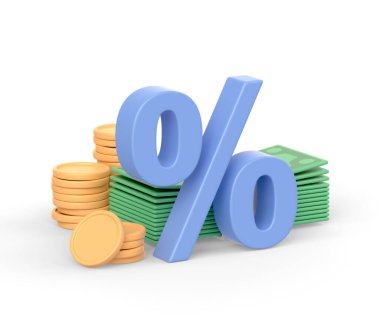 Realistic 3d icon of money banknotes golden coins and percent sign isolated on white background. Finance, banking, credit or deposit concept. 3D Illustration
