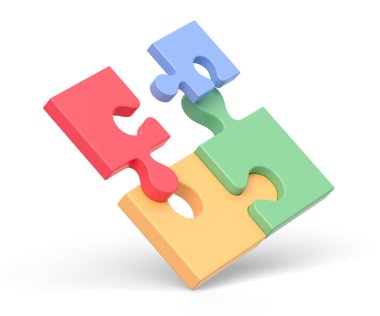 Beyaz arka planda renklendirilmiş yapboz parçalarının gerçekçi 3D simgesi. Takım çalışması, etkileşim veya işbirliği konsepti. 3 Boyutlu Çizim