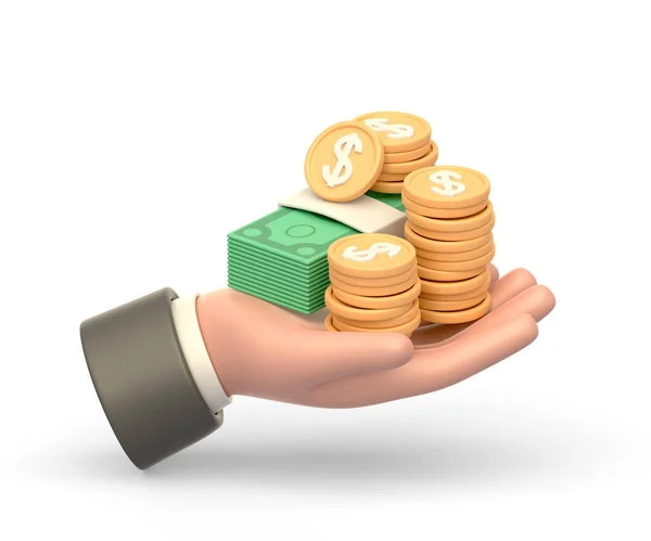 Realistisches Symbol Der Hand Mit Geldscheinen Und Goldmünzen Auf Weißem — Stockfoto