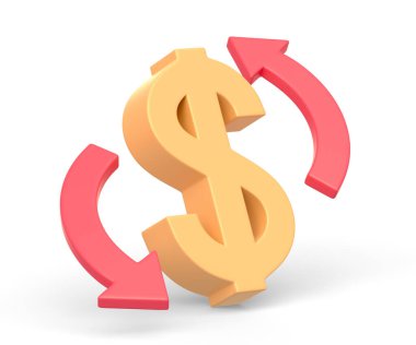 Dolar para birimi sembolünün gerçekçi 3D simgesi ve beyaz arka planda izole edilmiş oklar. İş, finans, bankacılık ve ödeme konsepti. 3B Görüntü