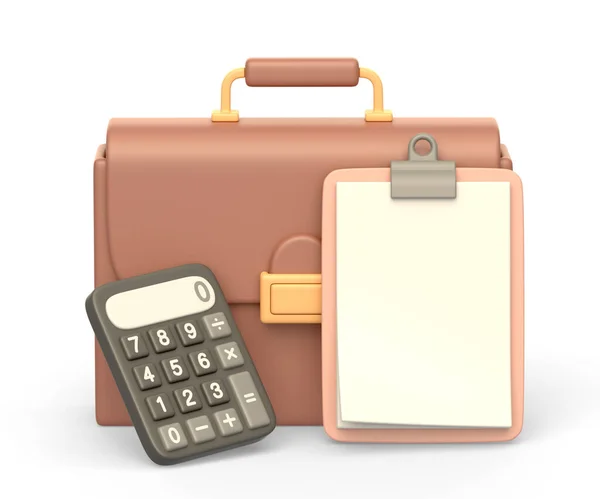 Realistic Icon Brown Leather Businessman Briefcase Clipboard Calculator Isolated White — Stock Photo, Image