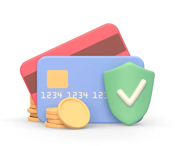 白い背景に隔離された2枚のクレジットカードまたはデビットカード シールドと黄金のコインの現実的な3Dアイコン ビジネス 保護と保険の概念 3Dイラスト — ストック写真