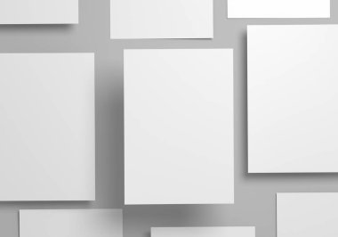 Beyaz arka planda boş bir kağıt. Özel tasarım için poster ya da el ilanı modeli ya da şablon. 3B Görüntü