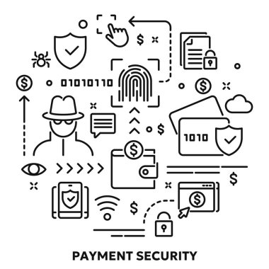 Siber güvenlikle ilgili vektör kavramsal illüstrasyon, internet ödeme koruması, iş güvenliği. Web sitesi ya da mobil uygulama için doğrusal karalama arkaplanı ya da afişi