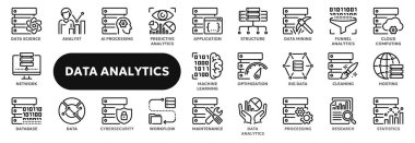 Veri analizi ve istatistiği, büyük veri teknolojisi, ai ve makine öğrenmesiyle ilgili vektör doğrusal simgeleri kümesi. Web sitesi veya uygulama ui, logo tasarımı, illüstrasyon sembolleri