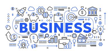 İş ve finans, bankacılık, yatırımlar ve başarıyla ilgili vektör kavramsal illüstrasyon. Web sitesi veya mobil uygulama için doğrusal karalama pankartı veya arkaplan