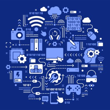 Bilgisayar teknolojisi, elektronik cihazlar, cep telefonları ve cihazlarla ilgili vektör kavramsal illüstrasyon. Web sitesi veya mobil uygulama için sağlam karalama pankartı veya arkaplan