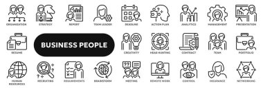 İş adamlarıyla, takım yönetimiyle, insan kaynaklarıyla ilgili vektör doğrusal simgeler. Web sitesi veya uygulama ui, logo tasarımı, illüstrasyon sembolleri