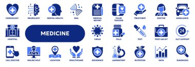 Sağlık ve tıp, ilk yardım ve eczaneyle ilgili bir dizi taşıyıcı katı ikon. Web sitesi veya uygulama ui, logo tasarımı, illüstrasyon sembolleri