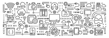 Bilgisayar teknolojisi, elektronik cihazlar, cep telefonları ve cihazlarla ilgili vektör kavramsal illüstrasyon. Web sitesi veya mobil uygulama için doğrusal karalama pankartı veya arkaplan