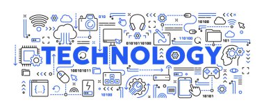 Bilgisayar teknolojisi, elektronik cihazlar, cep telefonları ve cihazlarla ilgili vektör kavramsal illüstrasyon. Web sitesi veya mobil uygulama için doğrusal karalama pankartı veya arkaplan