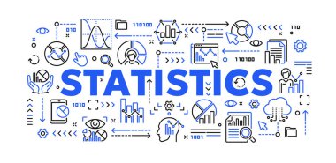 İstatistik, veri analizi ve bilgiyle ilgili vektör kavramsal illüstrasyon. Web sitesi veya mobil uygulama için doğrusal karalama pankartı veya arkaplan