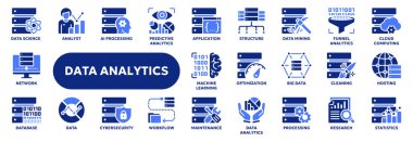 Veri analizi ve istatistiği, büyük veri teknolojisi, ai ve makine öğrenmesiyle ilgili bir dizi vektör katı simgesi. Web sitesi veya uygulama ui, logo tasarımı, illüstrasyon sembolleri
