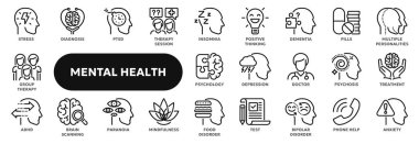 Zihinsel sağlık terapisi, psikoloji, depresyon ve anksiyeteyle ilgili bir dizi vektör çizgisi ikonu. Web sitesi veya uygulama ui, logo tasarımı, illüstrasyon sembolleri