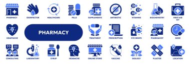 Eczane ve ilaç, ilk yardım, ilaç ve aşıyla ilgili bir dizi sağlam ikon. Web sitesi veya uygulama ui, logo tasarımı, illüstrasyon sembolleri