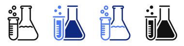 Kimya laboratuarı şişesi, bilim deneyleri, eğitim ve tıpla ilgili vektör ikonu veya logosu. Web sitesi veya uygulama ui için sembol, logo tasarımı, illüstrasyon