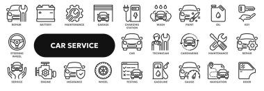 Araba servisi, oto tamir ve bakım ile ilgili vektör çizgisi simgeleri. Web sitesi veya uygulama ui, logo tasarımı, illüstrasyon sembolleri