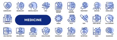 Sağlık ve tıpla ilgili vektör çizgisi simgeleri, ilk yardım, eczane. Web sitesi veya uygulama ui, logo tasarımı, illüstrasyon sembolleri