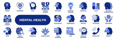 Zihinsel sağlık terapisi, psikoloji, depresyon ve anksiyeteyle ilgili bir dizi sağlam ikon. Web sitesi veya uygulama ui, logo tasarımı, illüstrasyon sembolleri