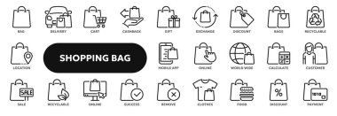 Bir dizi vektör çizgisi simgesi alışveriş çantası ve paket, satış ve indirim, çevrimiçi ve perakende ticaret. Web sitesi veya uygulama ui, logo tasarımı, illüstrasyon sembolleri