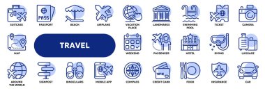 Turizm, yaz tatili, uçak seyahati ile ilgili vektör çizgisi simgeleri. Web sitesi veya uygulama ui, logo tasarımı, illüstrasyon sembolleri