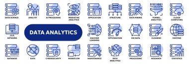 Veri analizi ve istatistiklerle ilgili bir dizi vektör çizgisi simgesi, büyük veri teknolojisi, ai ve makine öğrenimi. Web sitesi veya uygulama ui, logo tasarımı, illüstrasyon sembolleri