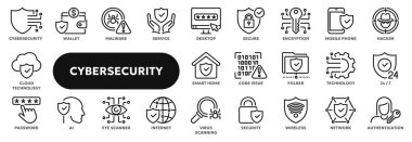 Siber güvenlik, bilgi koruması ve veri güvenliğiyle ilgili vektör çizgisi simgeleri. Web sitesi veya uygulama ui, logo tasarımı, illüstrasyon sembolleri