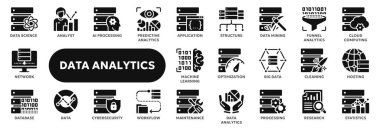 Veri analizi ve istatistiği, büyük veri teknolojisi, ai ve makine öğrenmesiyle ilgili bir dizi vektör katı simgesi. Web sitesi veya uygulama ui, logo tasarımı, illüstrasyon sembolleri