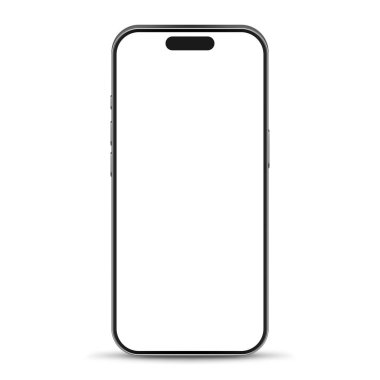 Boş beyaz ekranlı modern cep telefonunun vektör çizimi. Beyaz arkaplanda izole edilmiş gerçekçi model ya da şablon