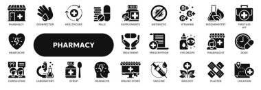 Eczane ve ilaç, ilk yardım, ilaç ve aşıyla ilgili bir dizi sağlam ikon. Web sitesi veya uygulama ui, logo tasarımı, illüstrasyon sembolleri