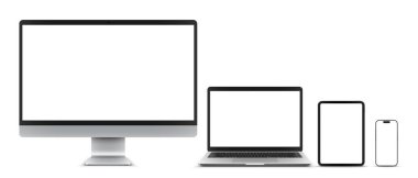 Monitör, dizüstü bilgisayar, dijital tablet, boş beyaz ekranlı cep telefonu. Beyaz arkaplanda izole edilmiş gerçekçi model ya da şablon