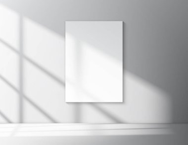 Boş minimalist iç mekanın içinde pencerenin yumuşak gölgeleri olan beyaz dikey A4 posterinin gerçekçi vektör modellemesi. Yazdırma veya ürün sunum şablonu