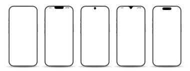 Boş beyaz ekranlı modern cep telefonunun vektör çizimi. Beyaz arkaplanda izole edilmiş gerçekçi model ya da şablon