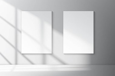 Boş minimalist iç mekanının içinde yumuşak pencere gölgeleri olan iki beyaz dikey A4 posterinin gerçekçi vektör modellemesi. Yazdırma veya ürün sunum şablonu