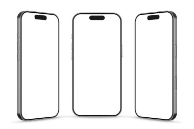 Boş beyaz ekranlı modern cep telefonunun vektör çizimi. Beyaz arkaplanda izole edilmiş gerçekçi model ya da şablon