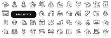 Emlak, kira, inşaat, satın alma ve ev satışıyla ilgili vektör çizgisi simgeleri. Web sitesi veya uygulama ui, logo tasarımı, illüstrasyon sembolleri