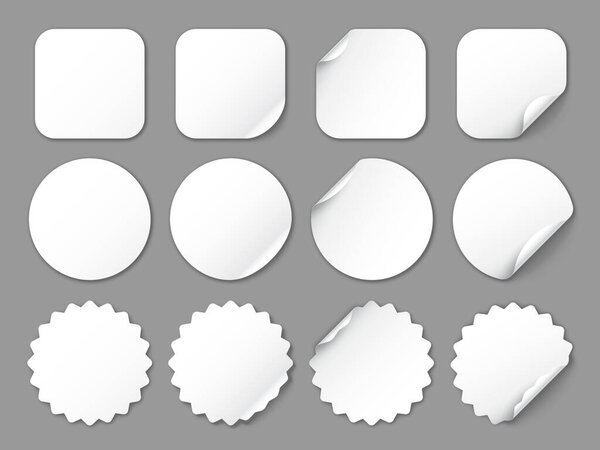 Realistic vector mockup or template of blank white adhesive stickers with curved corners. Rounded square, circle, star shapes